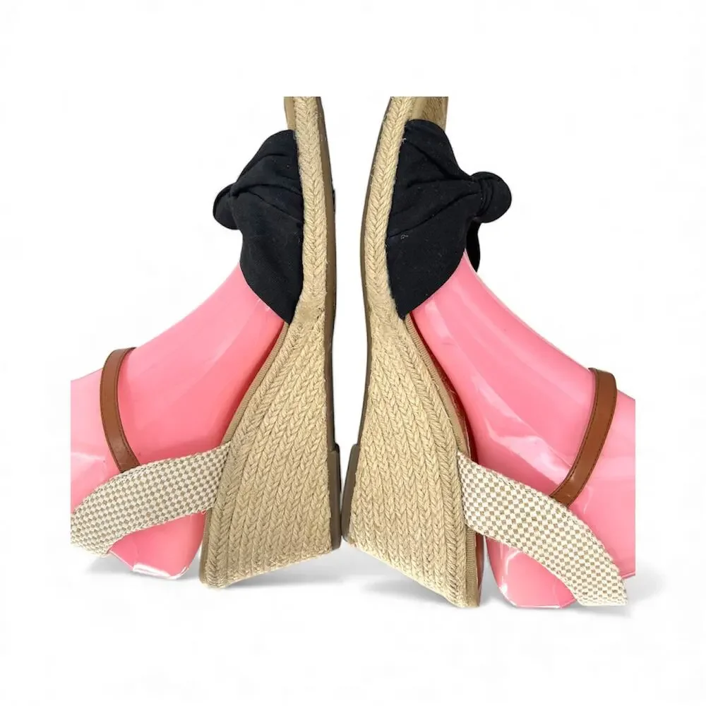 LUCKY BRAND Black Canvas & Jute Open Toe Wedges 9 Coastal Boho Neutral Twee